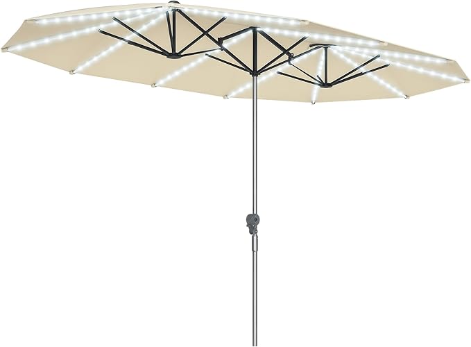 Outsunny 15ft Extra Large Patio Umbrella with Bright Solar Lights, Aluminum UPF50+ Double-Sided Outdoor Table Market Umbrella with Fiberglass Ribs Crank Air Vents for Backyard Deck Pool
