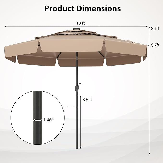 Tangkula 10 FT Solar LED Patio Umbrella, 3-Tiers Scalloped Outdoor Table Market Umbrella with 32 LED Lights, Tilt Adjustment, Crank, 8 Sturdy Ribs for Pool, Deck, Backyard (Tan)