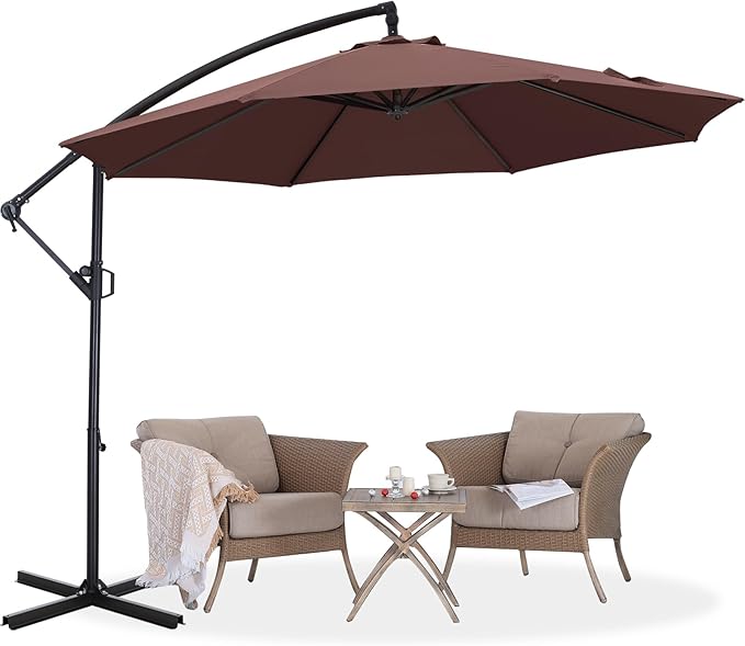 ABCCANOPY 10FT Cantilever Patio Umbrella with base included, 360° Rotation Outdoor Offset Umbrella for Backyard, Deck, Poolside (Brown)