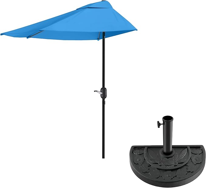 Half Umbrella Outdoor Patio Shade - 9 ft Patio Umbrella with Easy Crank and 20lb Weighted Base - Small Canopy for Balcony, Table, or Deck by Pure Garden (Sky Blue)