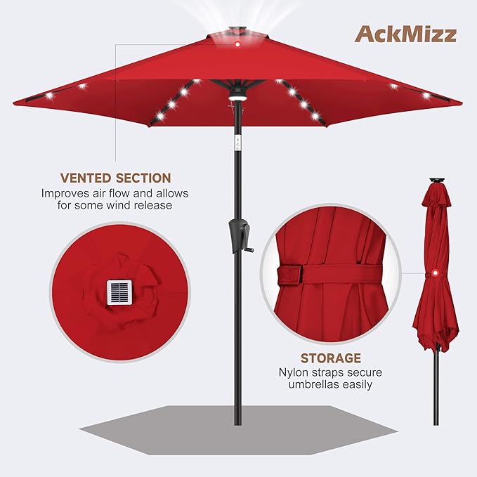 10ft Solar Patio Umbrella - Outdoor Umbrella with Centre Surround Light 24 LED Lights, Market Table Umbrella with Tilt for Pool, Porch, Garden, Deck, Backyard UV Protection (Red)