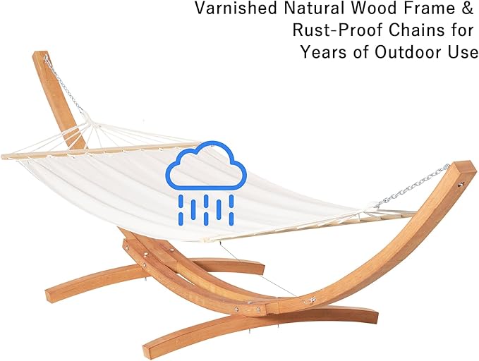 Outdoor Hammock with Stand, Heavy Duty Wood Hammock Stand, 13FT Free Standing Hammock with Breathable Cotton Bed & Spreader Bars, 330lbs Sturdy Backyard Hammock with Stand for Outside, White