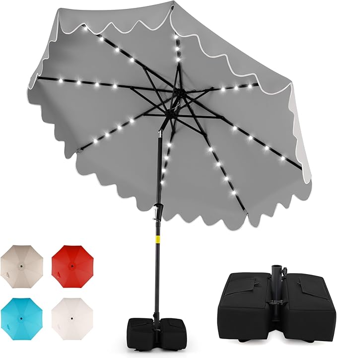 Tangkula 9 FT Solar Patio Umbrella with Base Included, 2-Tiers Outdoor Scalloped Table Umbrella with 32 LED Lights, 2 Sandbags, Tilt Adjustment, Crank, 8 Ribs for Market Backyard Pool Deck Beach Lawn