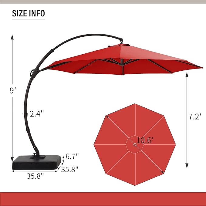 LAUSAINT HOME 11FT Curvy Cantilever Patio Umbrella with Base, 360° Rotation Offset Outdoor Umbrella, Heavy Duty Hanging Umbrella for Backyard, Pool, Garden（Red）