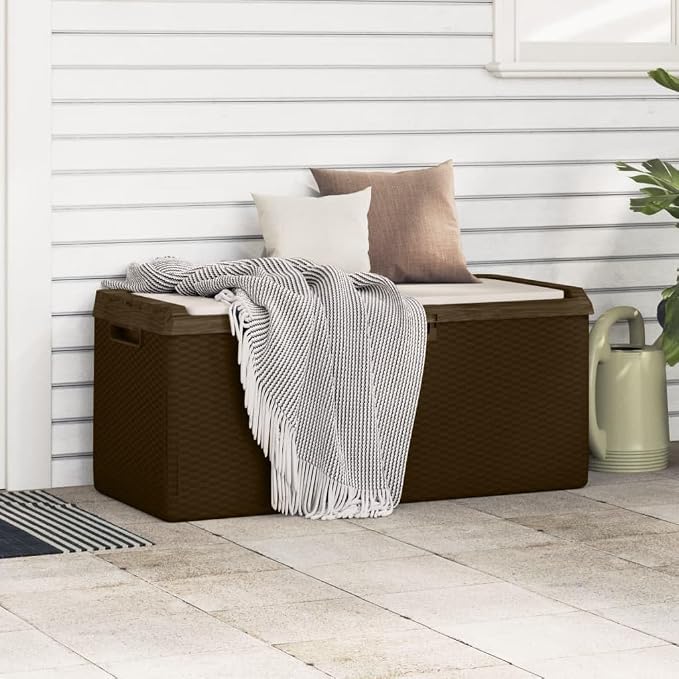 Patio Storage Box with Seat Cushion, 92.5 Gallon Deck Box for Outdoor Organization, Large Rectangular Garden Storage Bin for Patio, Deck, or Backyard, Brown, 48.8 x 48.8 x 23.2 Inches