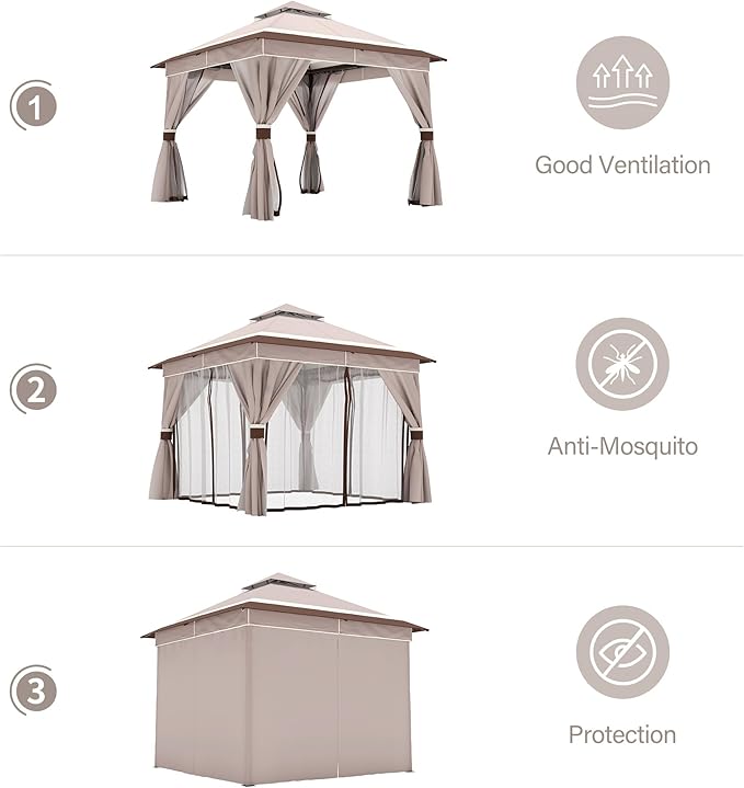 LAUSAINT HOME 10'x10' Outdoor Gazebo, Metal Frame Heavy Duty Patio Canopy Tent Shelter with Double Roofs, Mosquito Nettings and Privacy Screens for Backyard, Garden, Lawn, Classic Khaki