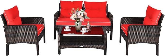 COSTWAY 4-Piece Patio Furniture Set, Sectional Wicker Rattan Sofa Chair with Cushion, Loveseat, Coffee Table with Tempered Glass and Shelf, Outdoor Conversation Sets for Poolside Porch (Red)
