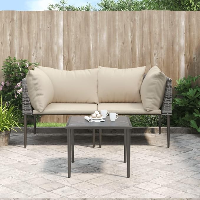 3-Piece Patio Lounge Set with Cushions Gray PE Rattan Outdoor Furniture Modern Conversation Set for Garden Balcony Porch