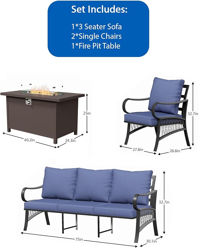 4 Piece Patio Furniture Set with 50000 BTU Propane Fire Pit Table, All Weather Metal Outdoor Conversation Sofa Set with Thick Cushions for Garden, Porch, Lawn, Blue