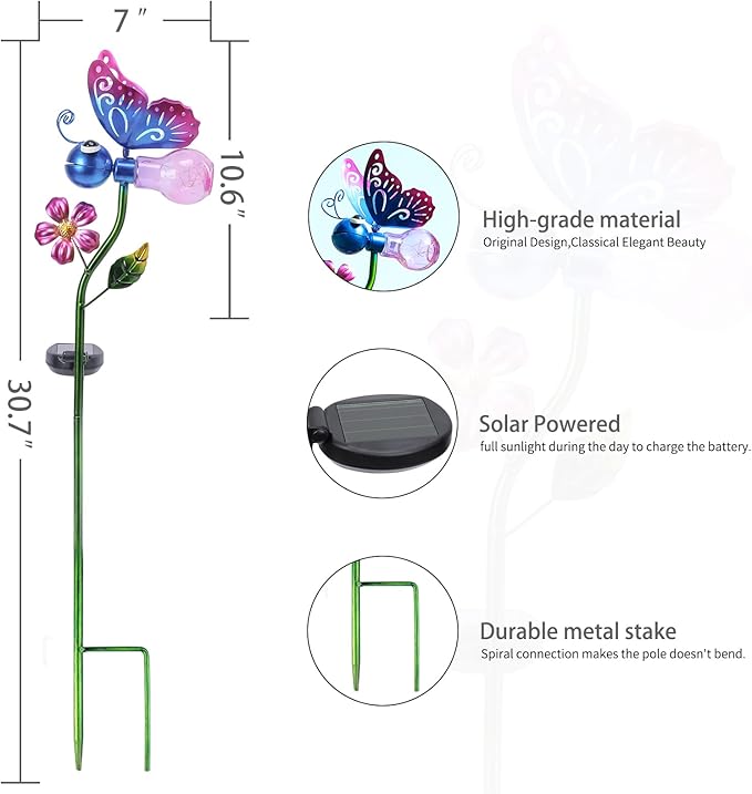 Bshine Solar Butterfly Outdoor Garden Decorative Lights, Waterproof Metal Stake Solar LED Lights Garden Decor Backyard, Pathway, Path, Lawn Ornaments for Woman Mom, Valentine's Day Outdoor Decor