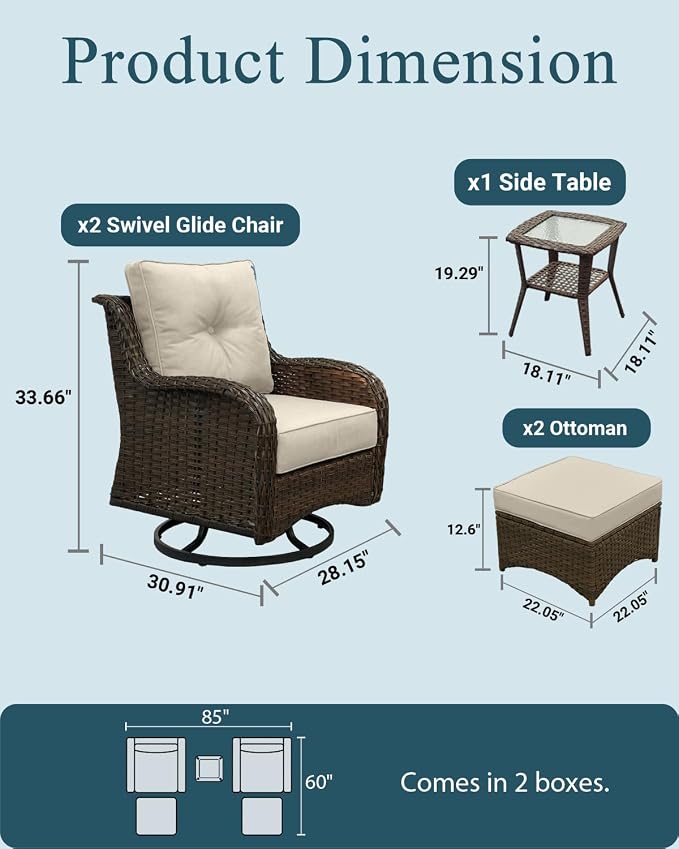Patio Furniture Set, 5PCS Outdoor Wicker Conversation Set with 6" Thick Cushions, High Back Swivel Rocker Chairs, Weather Resistant Olefin Fabric for Garden, Poolside, Beige