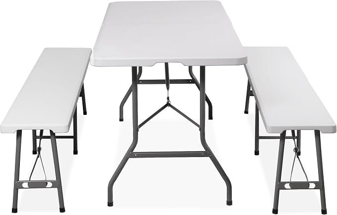 ZENY 6 Feet Picnic Table Set with 2 Benches, 3-Piece Camping Table Chair Set for Dining, Party, Garden, White