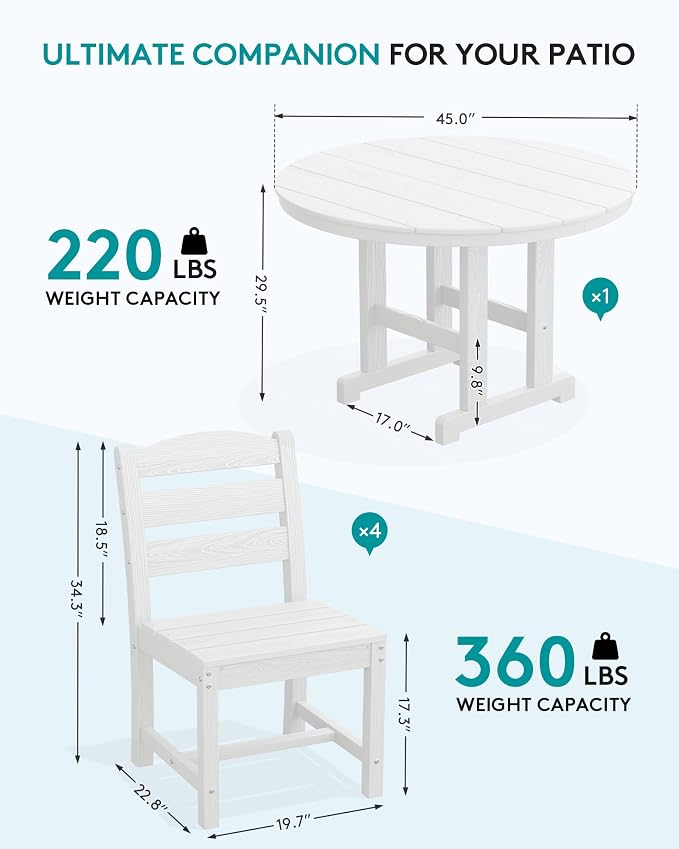 SERWALL 5-Piece Patio Dining Sets, HDPE Outdoor Table and Chairs Furniture Set, 45" Round Dining Table and 4 Armless Dining Chairs, White
