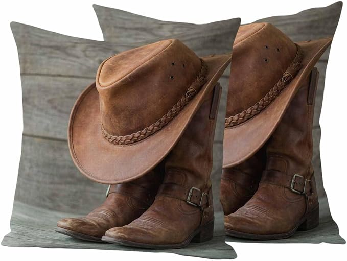 Outdoor Throw Pillow Covers,Western Cowboy Boots Hat Waterproof Decorative Pillowcases Cushion Cover Farm Wooden Plank Pillow Cases for Patio Couch Sofa Bed,24x42in Set of 2