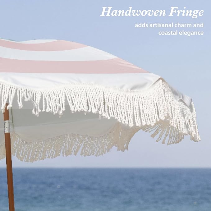 AMMSUN Boho Fringe Umbrella with Outdoor Blanket, 6.5ft UPF50+ Picnic Umbrella with Tassels with Steel Pole & Push Button Tilt, Pink Stripes