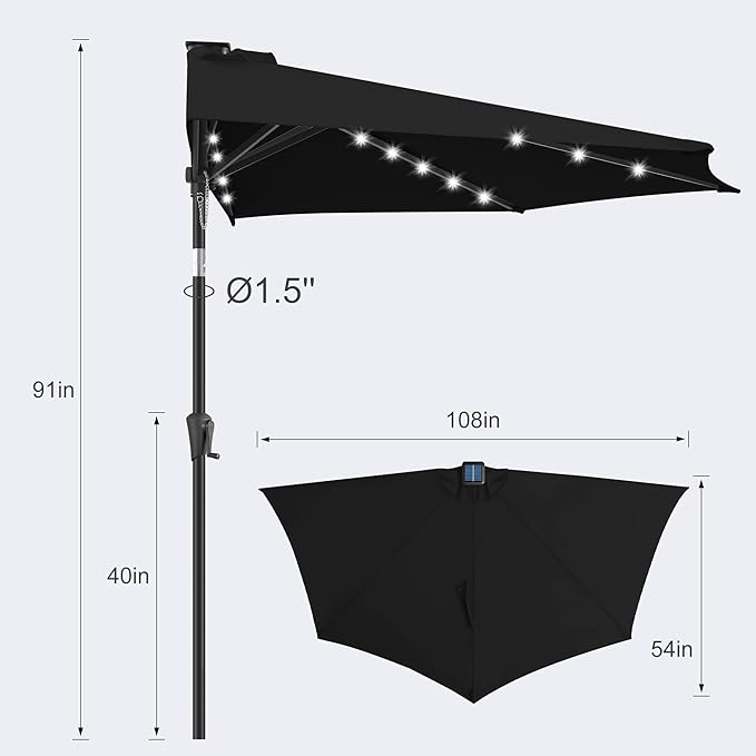 FLAME&SHADE 9 FT Solar Half Patio Umbrella with 25 LED Lights, Half Outdoor Umbrella with Button Tilt, Half Round Table Umbrella For Deck, Backyard, Balconies, Decks, Rvs, UV Protection (Black)