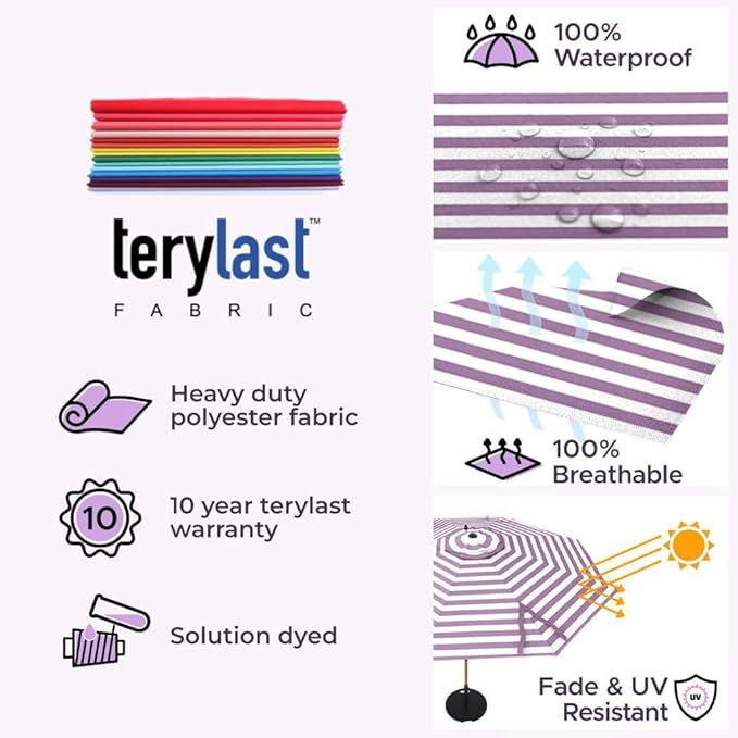 Midtown Umbrellas The LED Swilt 8 Feet Patio Umbrella With Terylast Midtown Stripes Purple/White Polyester Fabric - Auto-Tilt Aluminum Frame w/LED Lights For Backyard, Deck, Garden, Pool - Black Pole