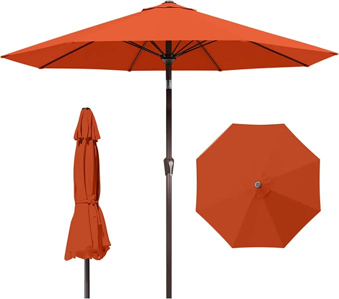 9ft Patio Umbrella with Push Button Tilt and Crank,Outdoor Market Table Umbrella UV Protection 8 Sturdy Ribs for Backyard,Garden,Pool,Deck(Orange)