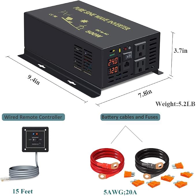WZRELB 500W 24V 120V Pure Sine Wave Power Inverter with 2 AC Outlets Wired Remote Control (RBP-50024WR)