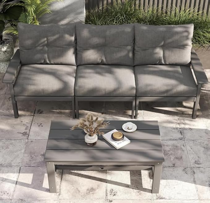 Grey HDPE Patio Sofa Set, 3-Piece Sectional Outdoor Patio Furniture Set, All Weather Outdoor Couch Set with Washable Thick Cushions for Lawn, Garden, Deck, Porch, Balcony, Poolside, Yard