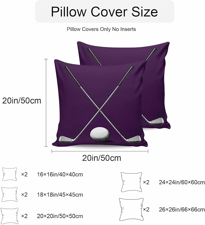 Vandarllin Outdoor Throw Pillows Covers 16x16 inch Set of 2 Waterproof Golf Ball Club Decorative Zippered Cushion Covers for Patio Furniture, Game Sports Purple Lumbar Pillowcases