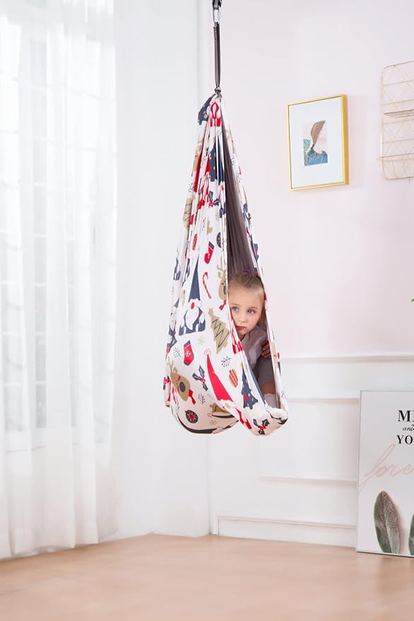 Therapy Swing Hammock Kids Cuddle Sensory Swing Indoor Therapeutic Hammock 360° Rotating Double Layer Elastic Rocking Cloth Swing Gifts for Children with ADHD SPD Asperger Autism (Christmas)