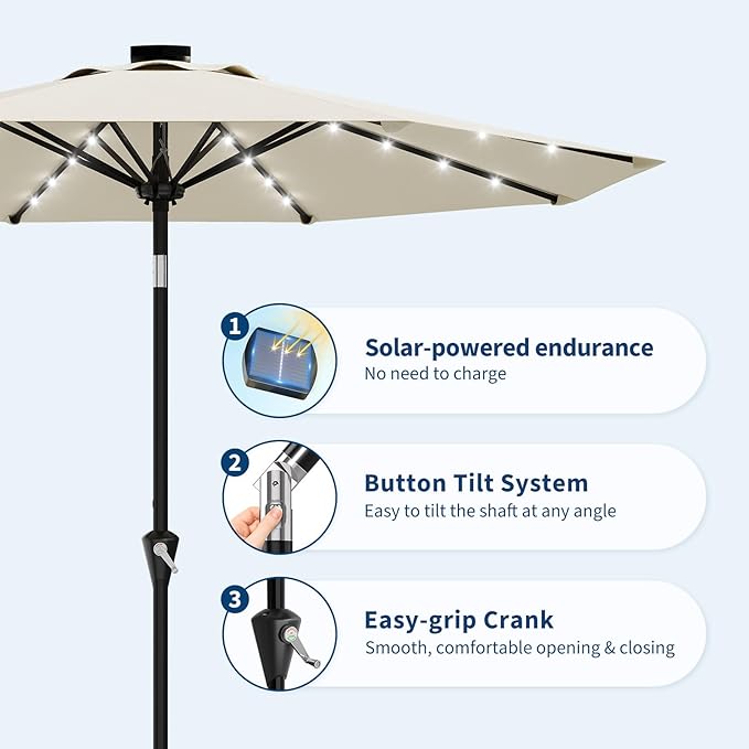 Garvee 10FT Solar Patio Umbrella with 32 LED Lights - Outdoor Table Umbrella with Crank Lift, Push Button Tilt and 8 Sturdy Ribs - Market Umbrella UV Protection for Pool, Deck, Yard, Garden -Beige