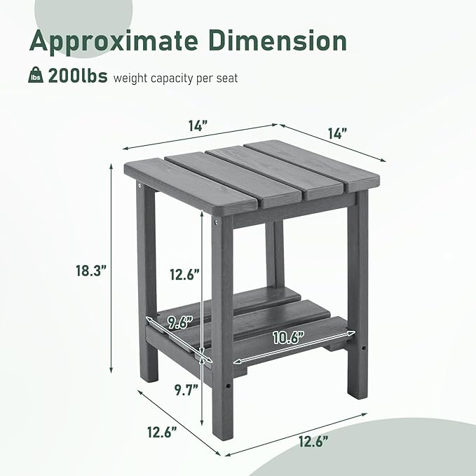 Furnimart Adirondack 2-Layer Square Outdoor Side Table, Extra-Thick HDPE Weather-Resistant Small Patio Table, Gray Outdoor End Table for Garden Balcony Yard Deck Poolside(Gray)