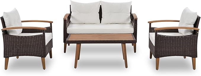 4-Piece Outside Rattan Sectional Sofa, Patio Conversation Set with Coffee Table, Garden Furniture Set for Garden, Porch, Backyard, Brown and Beige