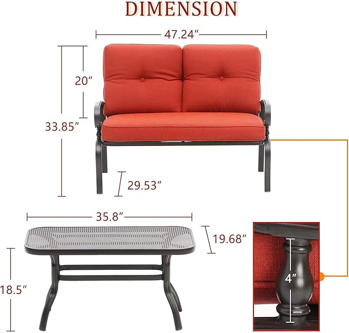 Outdoor 2 Pcs Patio Loveseat Bench Set with Bistro Coffee Table and Patio Steel Frame Sofa with Cushion, Wrought Iron Look, Lawn Front Porch Garden (Red)