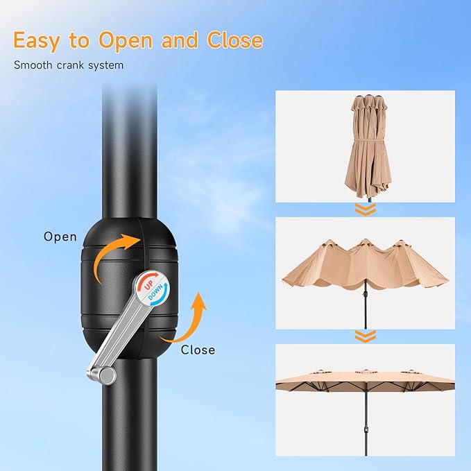 ONBRILL 15ft Patio Umbrella with Base Included, Extra Large Shade Area, Double Sided Rectangle with Crank Handle for Poolside, Garden, Yard, Beige