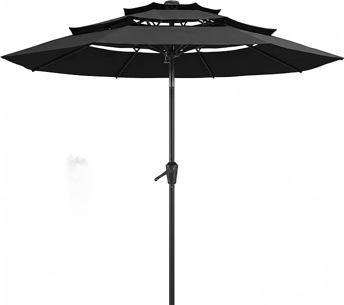 10FT Patio Umbrella 3 Tiers Outdoor Market Umbrella w/Push Button Tilt, Crank, UV and Waterproof Table Umbrella for Garden, Pool, Backyard, Deck, Lawn, Black