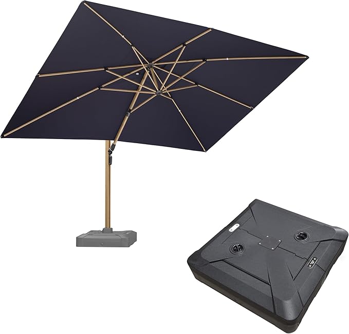 PURPLE LEAF 10' x 13' Rectangle Patio Cantilever Umbrella With Base Large Hanging Umbrella Teak Finished Aluminum Frame Windproof Offset Outdoor Sun Umbrellas for Beach Pool Deck, Navy Blue