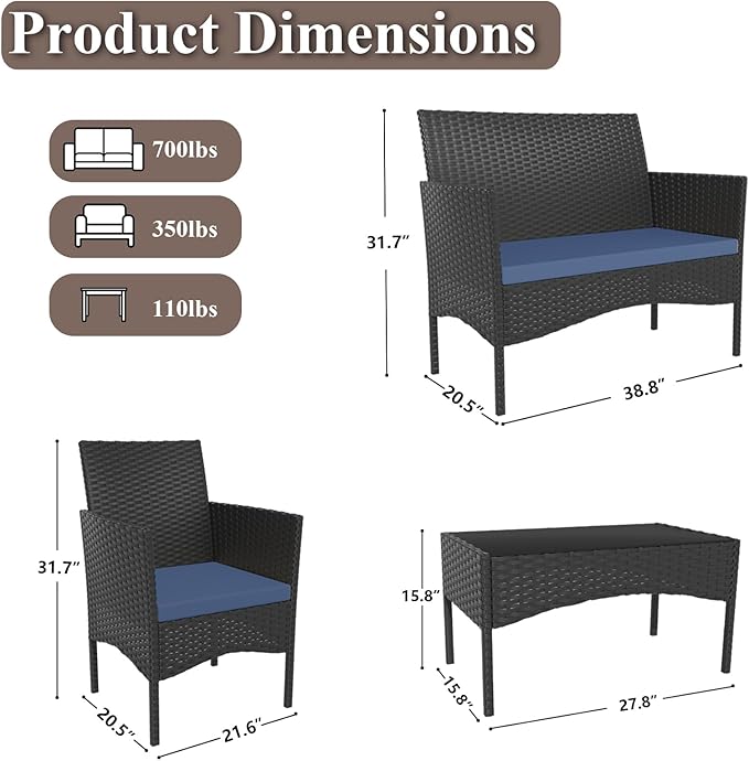 4 Piece Patio Rattan Conversation Set, Outdoor Rattan Chair Wicker Furniture Set, Couple Seats and Tempered Glass Table,Comfort Seat for Patio, Pool or Backyard