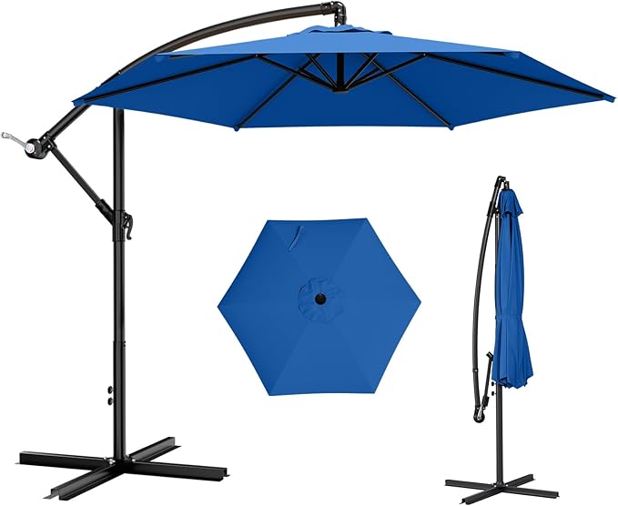 AreShark 10FT Patio Outdoor Umbrella, Offset Patio Umbrella Cantilever Umbrella, 6 Sturdy Ribs, Easy Adjustment for Garden Market Pool with Cross Base (Royal Blue)