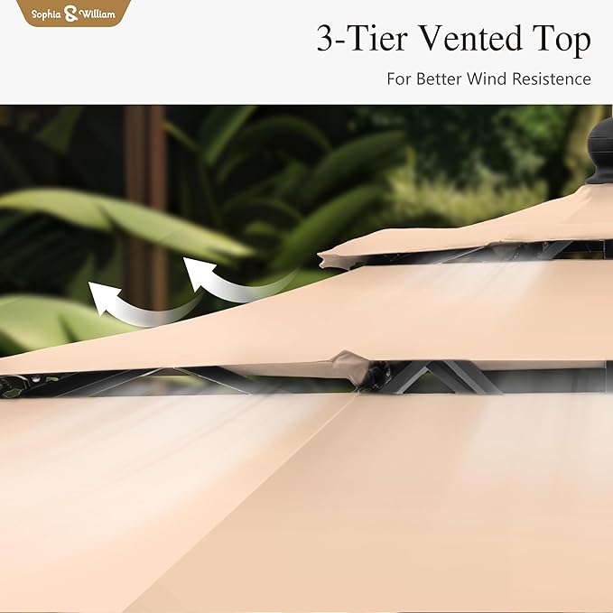 Sophia & William 10ft 3 Tier Auto-tilt Patio Umbrella,Wind Resistent,Outdoor Patio Umbrellas Double Vented Umbrella with Crank for Pool Garden Backyard, Beige