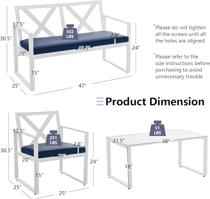 Tangkula 4 Pieces Outdoor Conversation Set, Patiojoy Heavy Duty Steel Frame Patio Chairs with Coffee Table Set, Soft Seat Cushions, for Garden, Backyard, Poolside, Balcony and Deck (Navy)