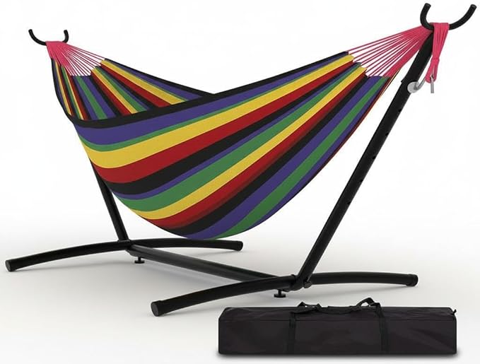Double Hammock with Steel Stand, Outdoor Portable Hammocks Accommodates with 450Lb Capacity 2 People& Portable Carry Bag for Outside Camping Garden Yard,Rainbow