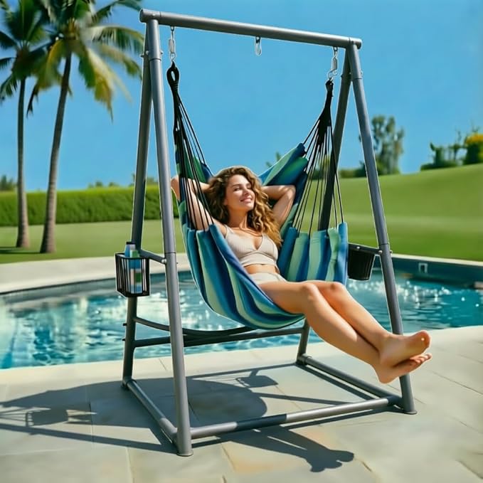 Hammock Chair with Stand Hanging Rope Swing Chair, Heavy-Duty Steel Max 350 LBS Capacity for Indoor Outdoor Patio Garden Balcony (Grey)