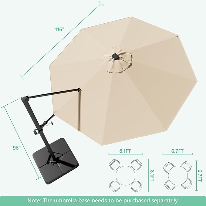 Greesum 10FT Outdoor Patio Umbrella with High Pedel and 4 Gear Heights, Large Offset Umbrella with Solar LED Lights and 360-degree Rotation, Without Base, Hanging Outdoor Shade for Garden, Beige