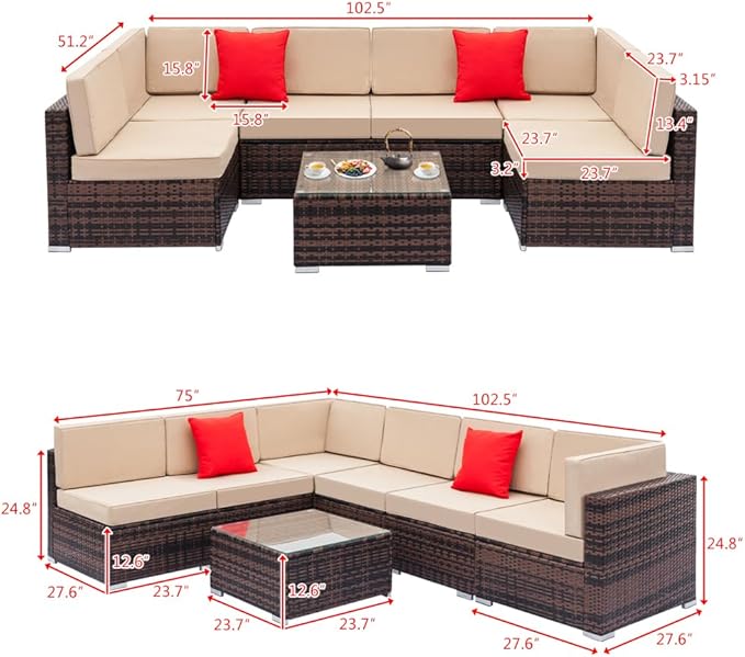 7 Pieces Outdoor Patio Furniture Set Rattan Sofa Brown Wicker Patio Conversation Set with Cushions,Outdoor Patio Furniture Sets, Outdoor Couch, Sofa Patio Sets for Yard Balcony Poolside w/Coffee Table