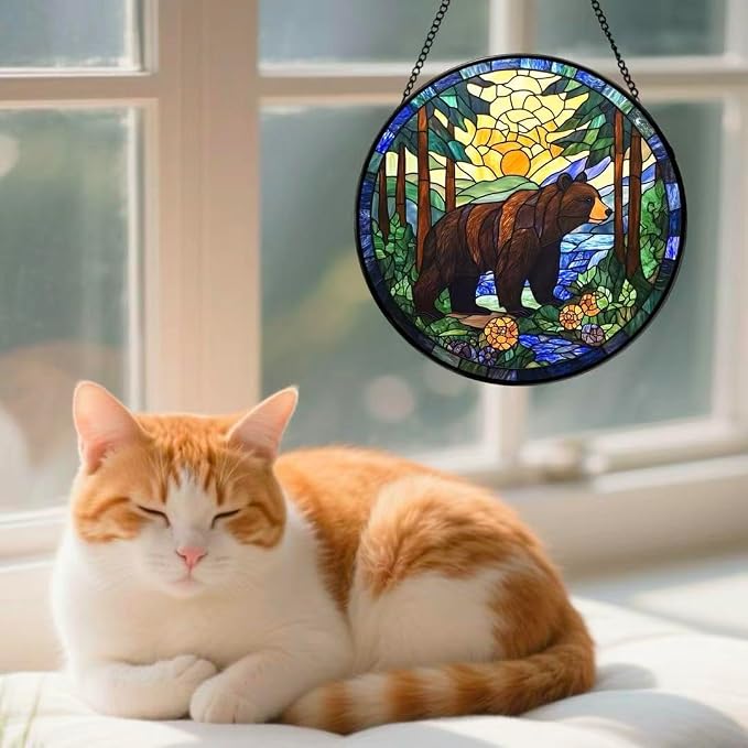 Stained Glass Window Hanging - A Black Bear is Walking in The Forest 6.3 Inches Suncatcher for Garden Home Decor for Women Mom Grandma Friends
