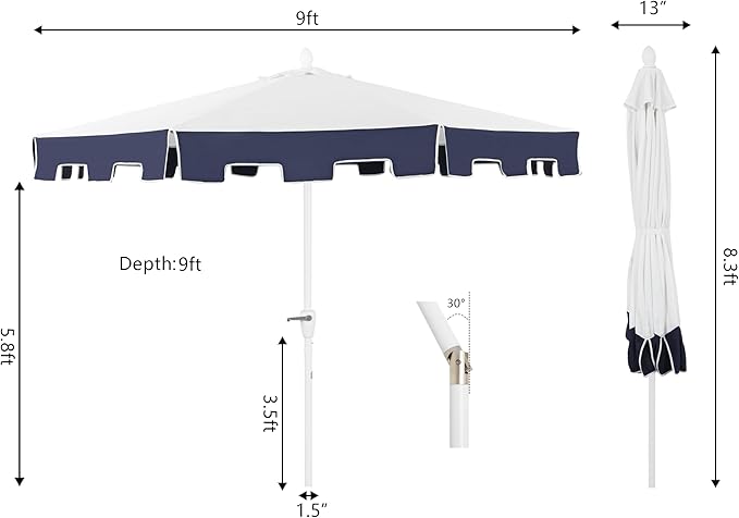 JONATHAN Y Baiona 9 ft. White/Navy Outdoor Patio Umbrella with Crank Lift and Tilt, 8 Ribs UV-Resistant Market Table Umbrella with Square Trim for Pool, Deck, Coastal, White Pole UMB1000A