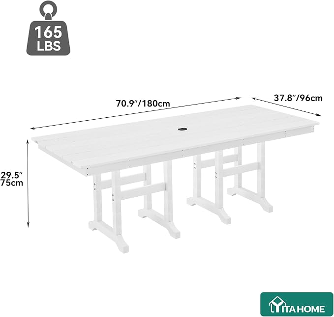 YITAHOME 71" HIPS Outdoor Dining Table for 6, Rectangular Patio Table with Umbrella Hole, All Weather Resin Large Table for Garden Backyard, High Capacity 165 LBS, White