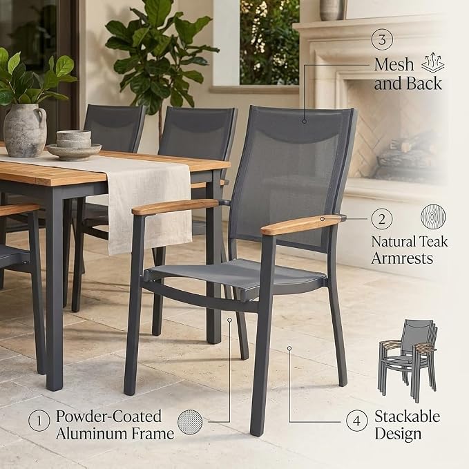 Amazonia Franklin 9-Piece Teak Finish Wood and Aluminum Rectangular Extendable Patio Dining Set | 100% Teak from Indonesia Armrests | Ideal for Outdoors and Indoors