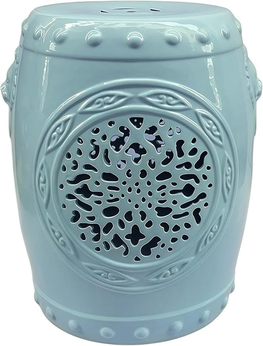 Decorative Ceramic Garden Stool, Hand-Crafted Outdoor Side Table, Shoe Changing Drum Stool for Patio, Living Room Accent Furniture(Light Blue)