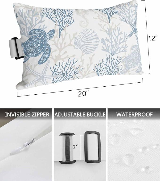 Lumbar Pillow Covers Set of 2, Blue Grey Coastal Waterproof Outdoor Chaise Lounge Pillow Covers with Elastic Strap, Sea Turtle Nautical Coral Summer Beach Headrest Pillowcase for Patio, 12 x 20