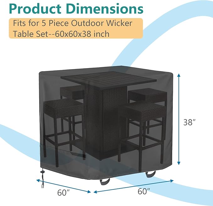 Bar Height Patio Furniture Dining Set Covers Waterproof Outdoor 60 Inch Square High Top Patio Bar Height Bistro Table & Chair Sets Winter Cover, 60"L x 60"W x 38"H