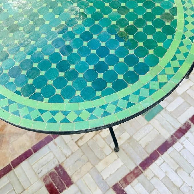 Amazing Mosaic Table, Round Green Zellij Tile Top, Handmade Patio Bistro Table, Mediterranean Garden Furniture, Outdoor Decor