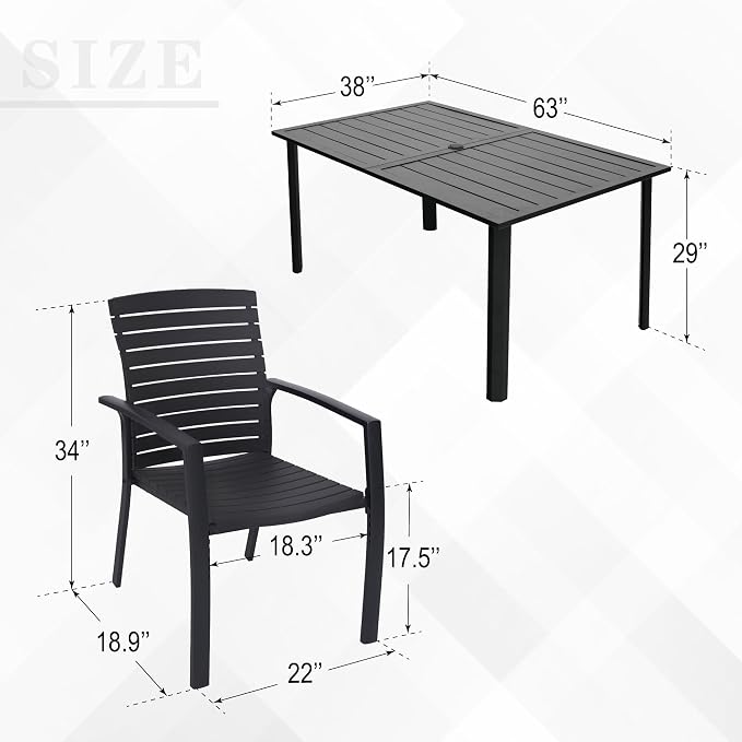 7 Piece Patio 29" Heigh Rectangular Table and Aluminum Chairs Dining Set | Aluminum Frame Chairs, Resin Chair Seat, Resin Chair Back, 6 Piece Stackable Chairs, 1 Piece Black Metal Table, 6 Person Set